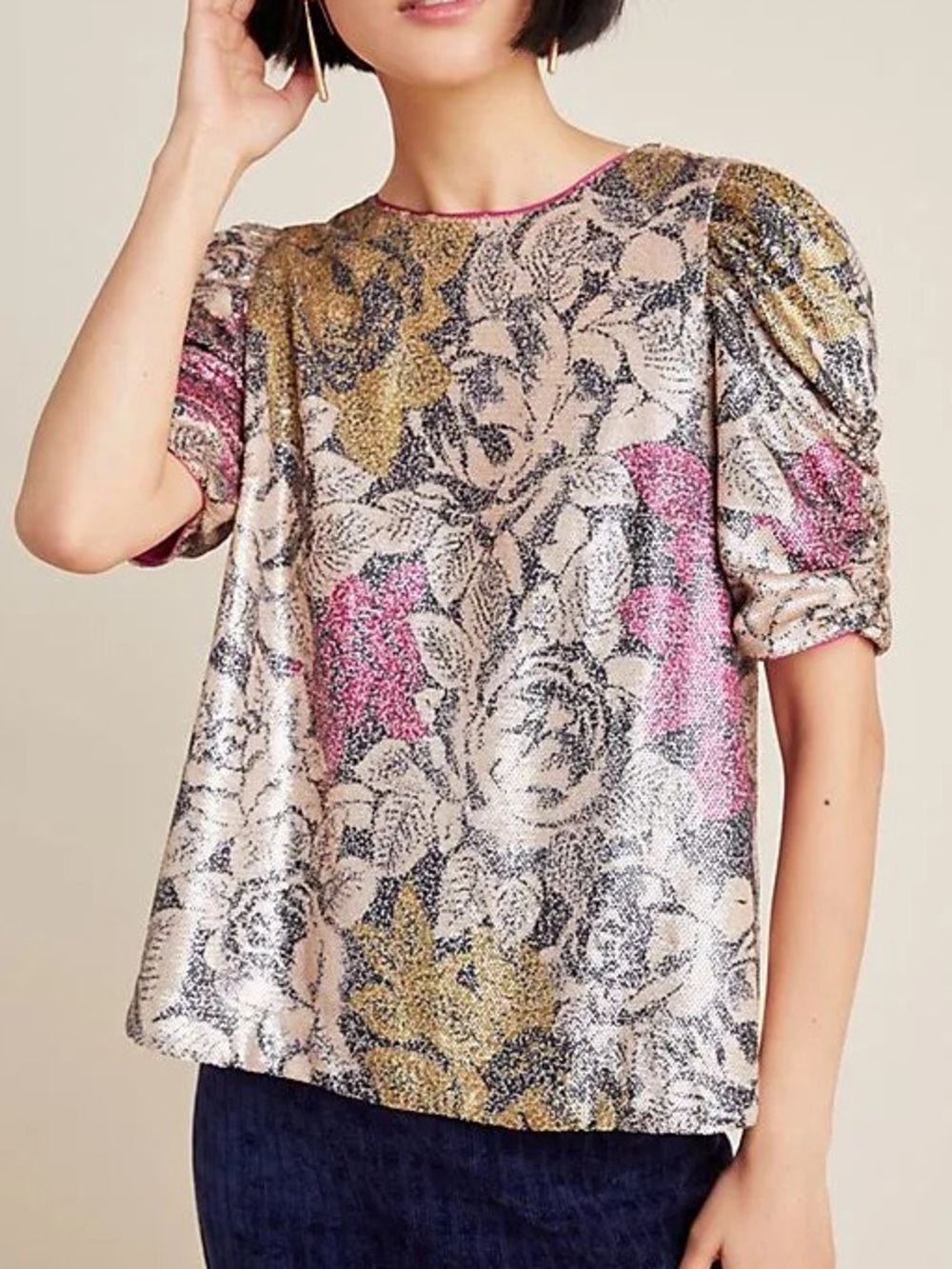Anthropologie Marie Gold Rose Pattern Sequin Short Sleeve Blouse 2 Petite NWT